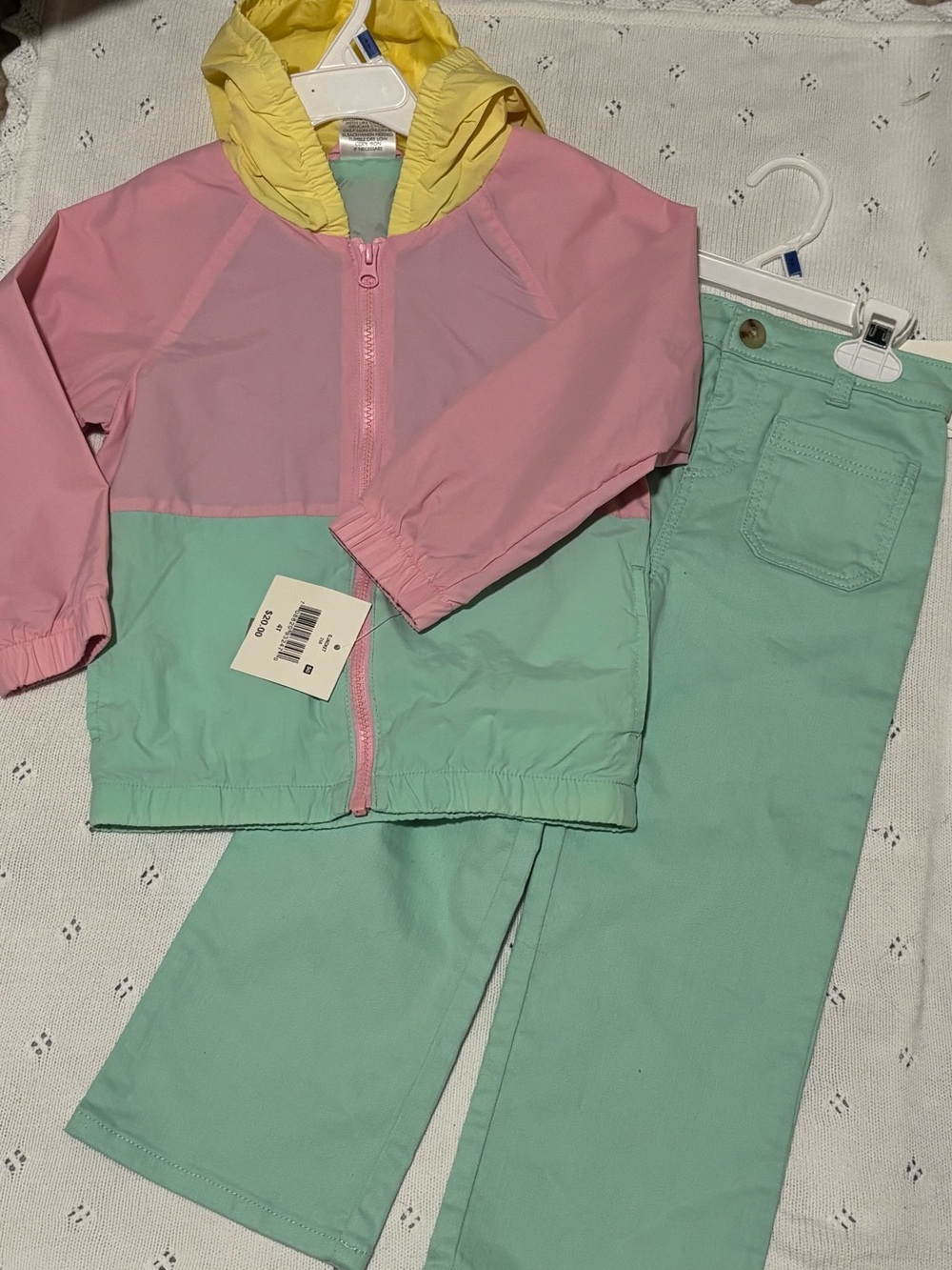 Girls Colorblock Pink, Mint & Yellow Hooded Jacket and Mint Pants Set